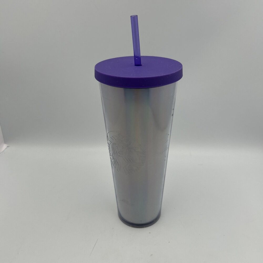 Starbucks Holographic Iridescent Silver Cold Cup 24 oz Tumbler Purple Lid Straw